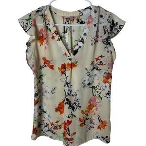 Philosophy Floral V-Neck Blouse Small Cream Ruffle Cap Sleeve Chiffon Top